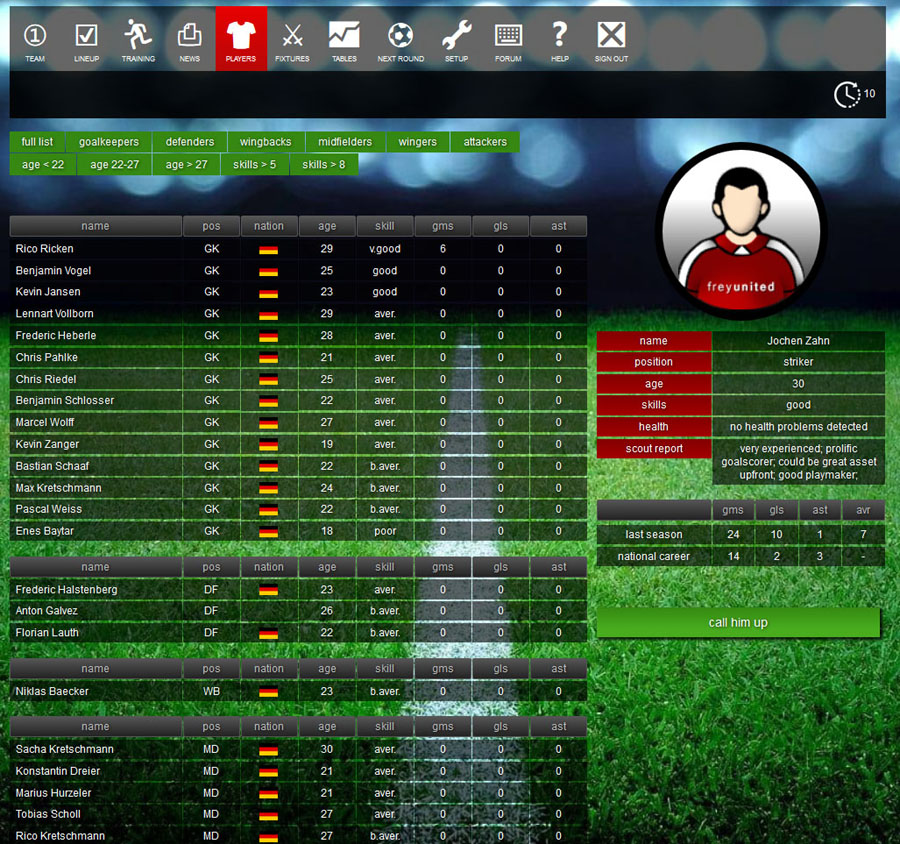 Available player data - National team manager Santa Monica FC Online