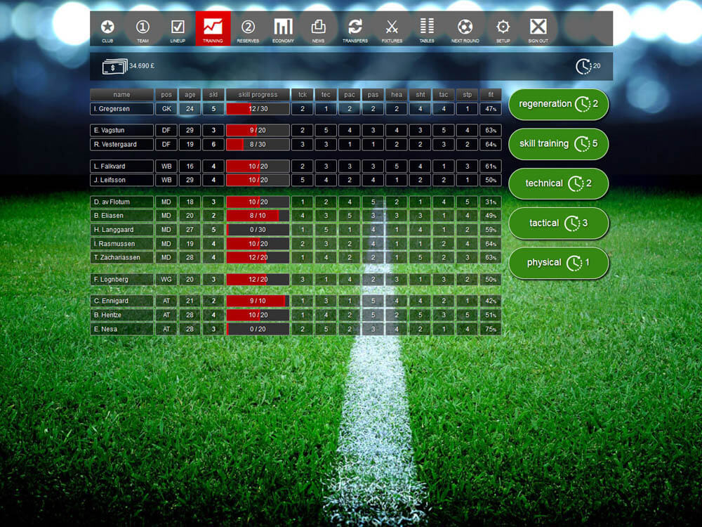 Training options to improve the player skills - Casual soccer manager Santa Monica FC Online